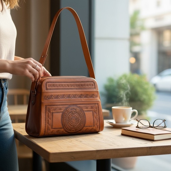 Vintage Handbags - Vintage Mexican Hand Tooled Leather Shoulder Bag Aztec Mayan Warrior Sun Purse
